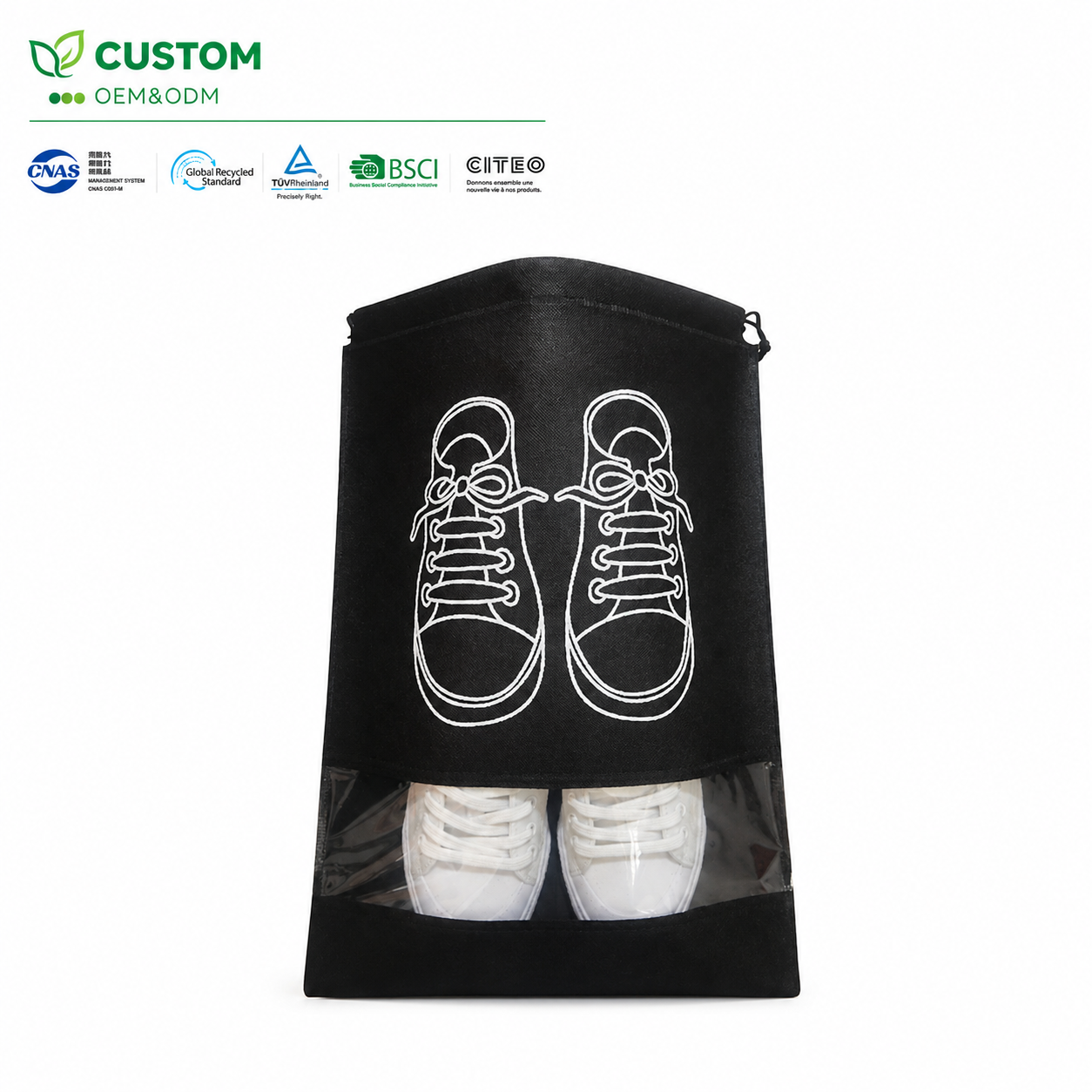 Custom Non-Woven Drawstring Shoe Shopping Bag with Clear Viewing Window