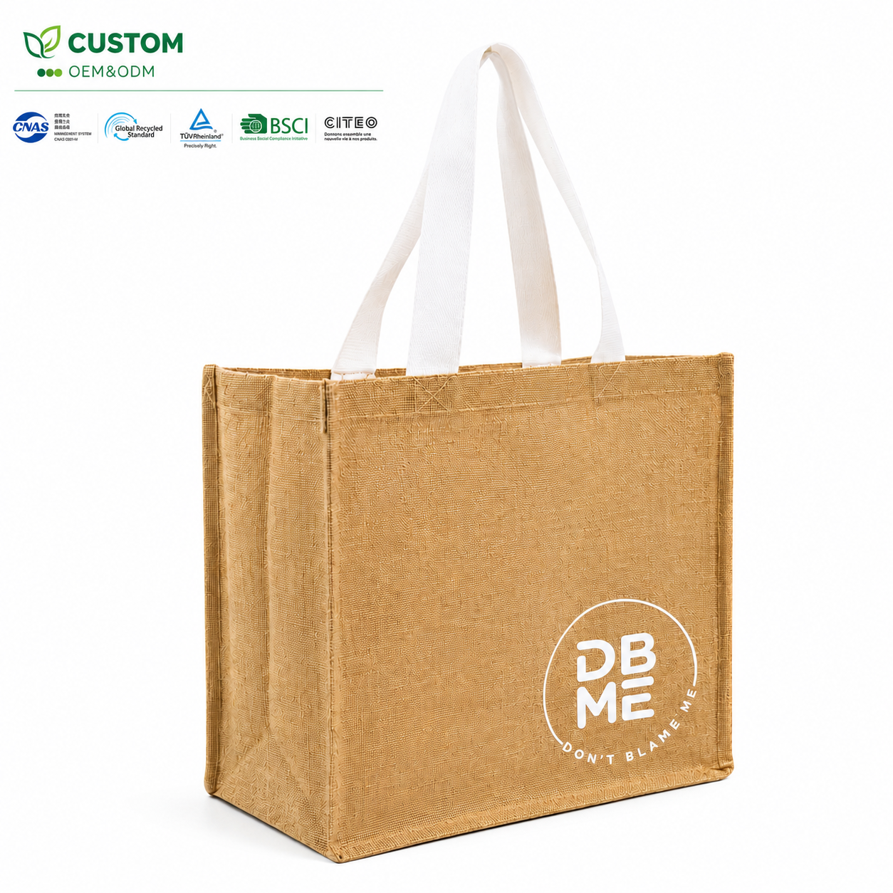 Product Overview:Custom Structured Natural Jute Shopping Bag with White Cotton Handles