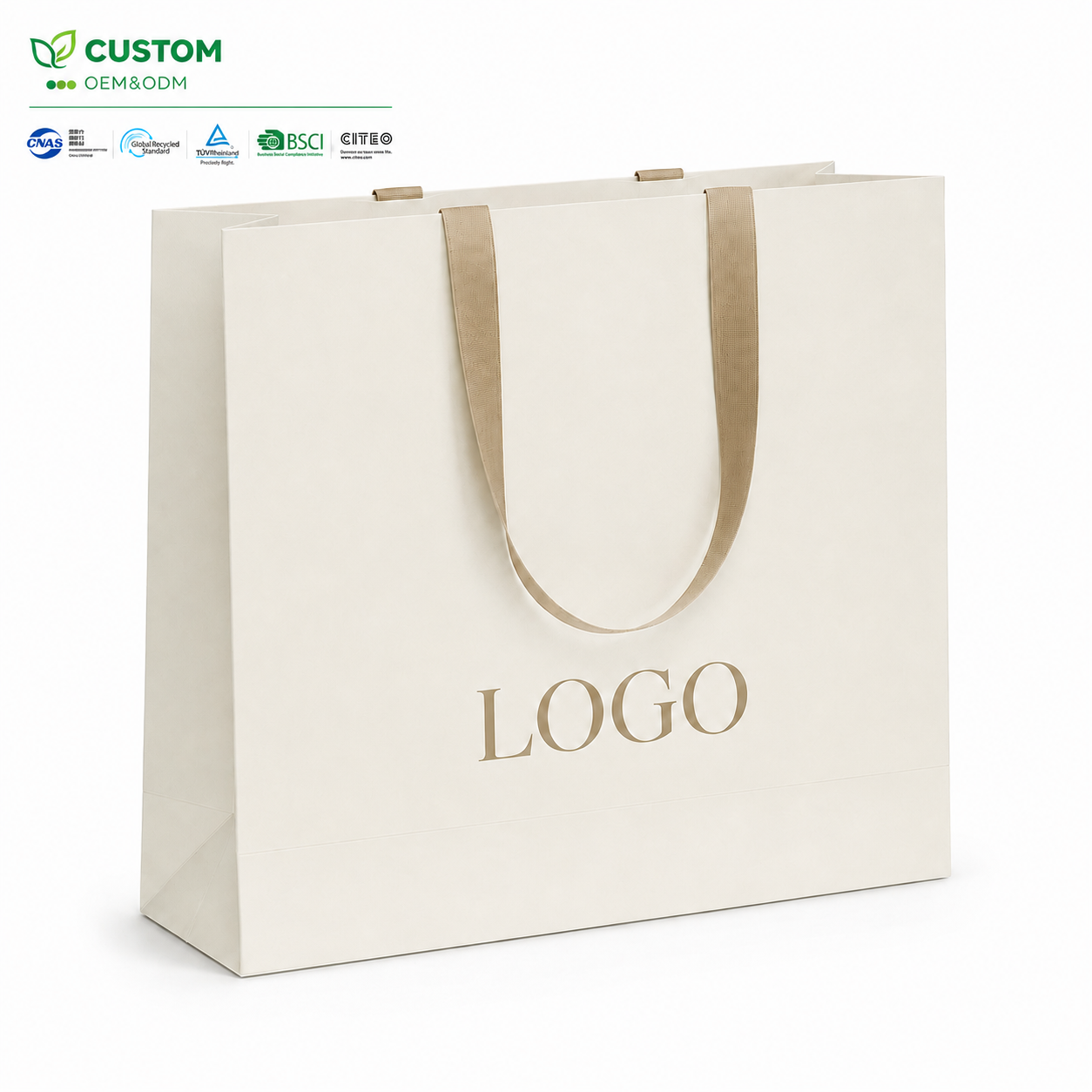 Custom Quiet Luxury Cream Paper Shopping Bag with Champagne Ribbon Handles