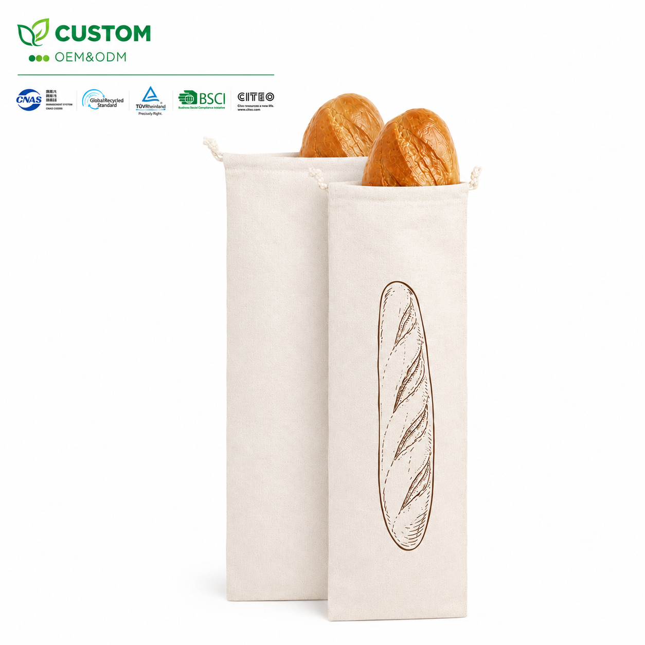 Custom Elongated Cotton Drawstring Bread Bag for Artisan Bakeries