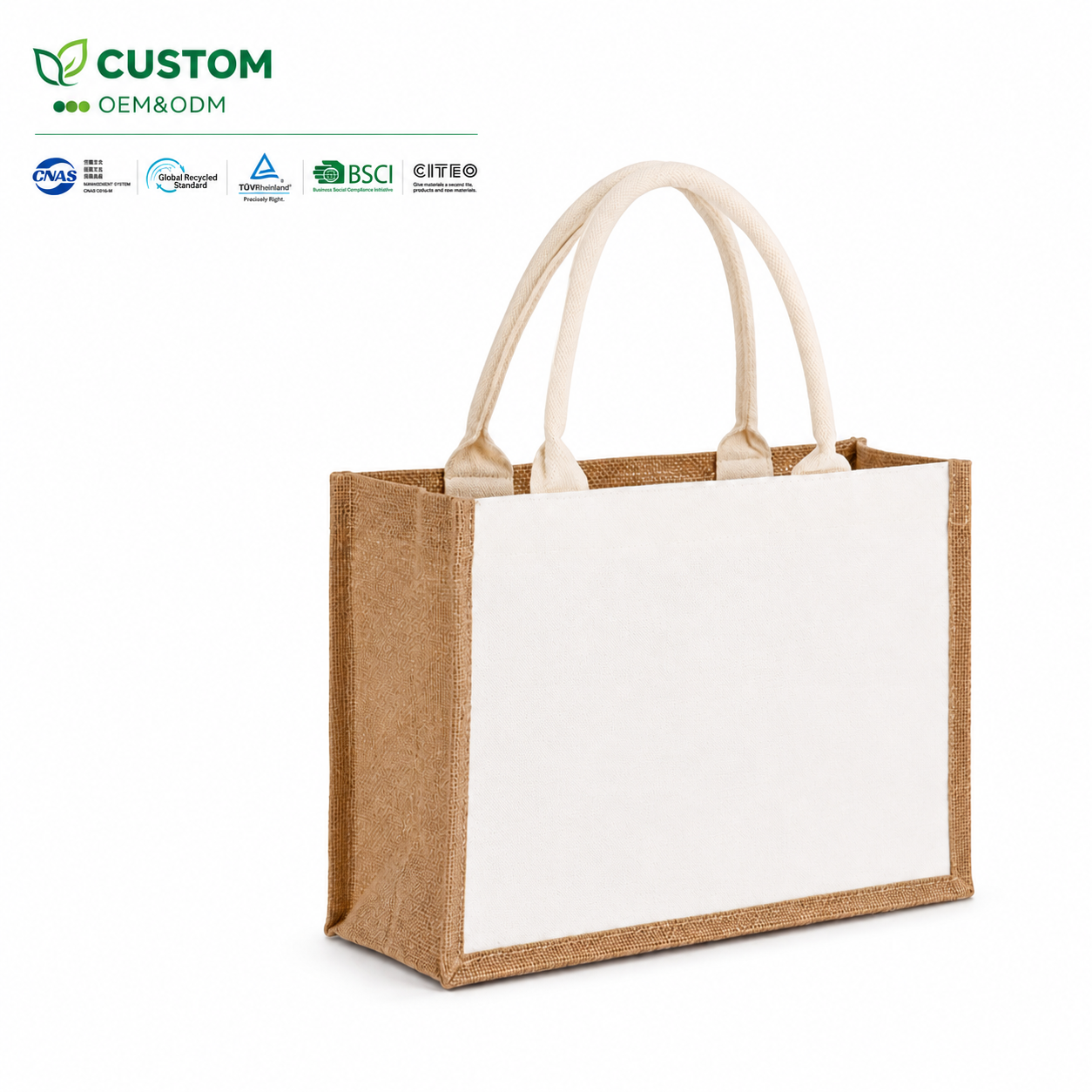 Custom Jute Shopping Bag with Blank White Canvas Front Panel