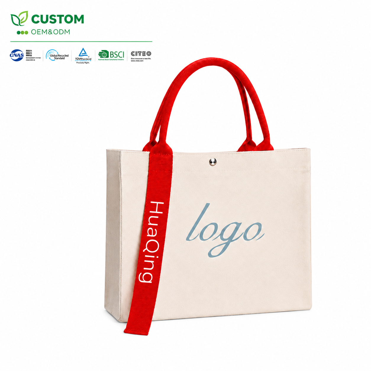 Custom Structured Canvas Tote Bag with Red Handles and Printed Ribbon