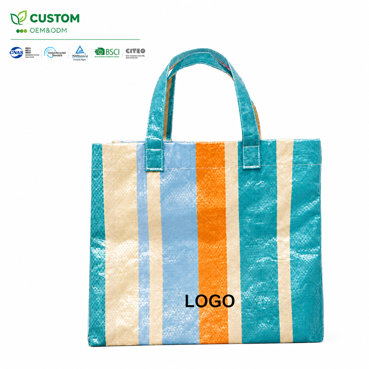 Custom Glossy Striped PP Woven Tote Bag with Self-Material Handles