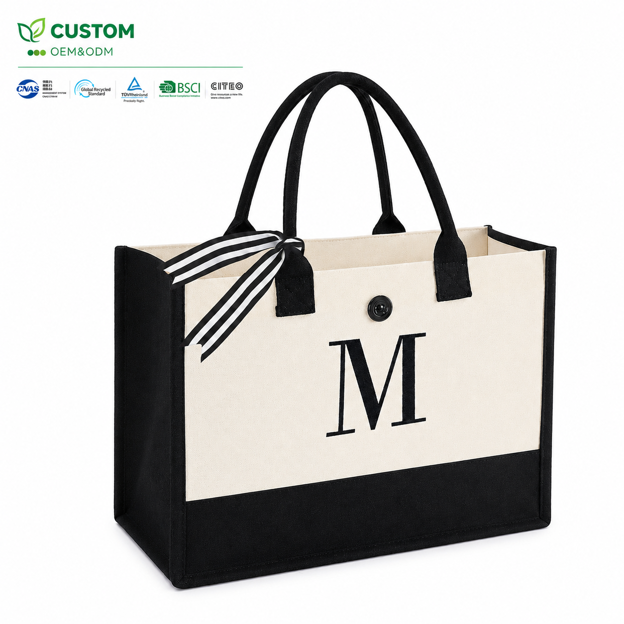 Custom Monogram Structured Canvas Tote Bag with Button Closure and Ribbon