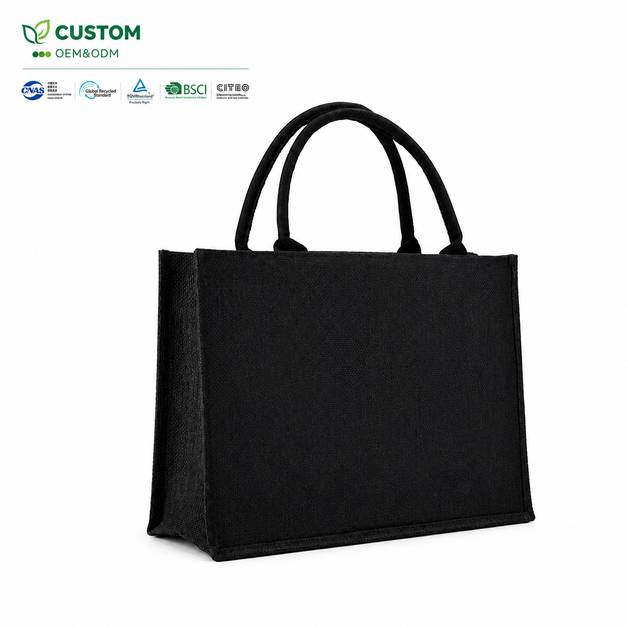 Custom Midnight Black Structured Jute Shopping Bag with Tubular Handles