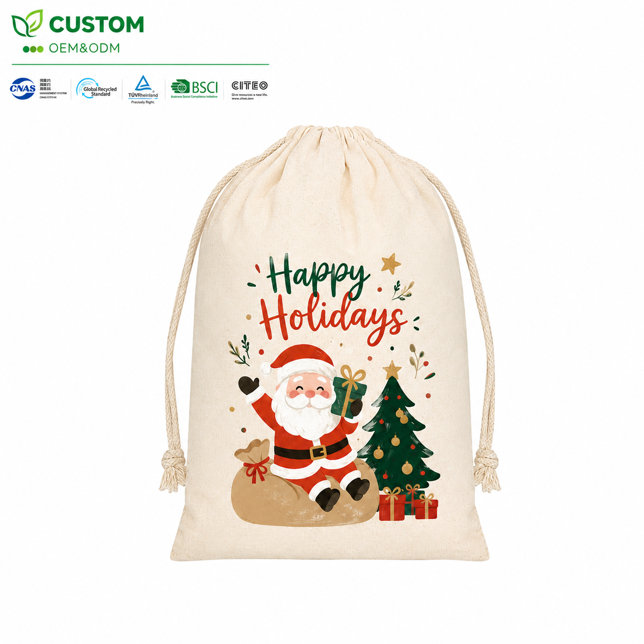 Custom Natural Cotton Drawstring Gift Bag for Holiday Packaging