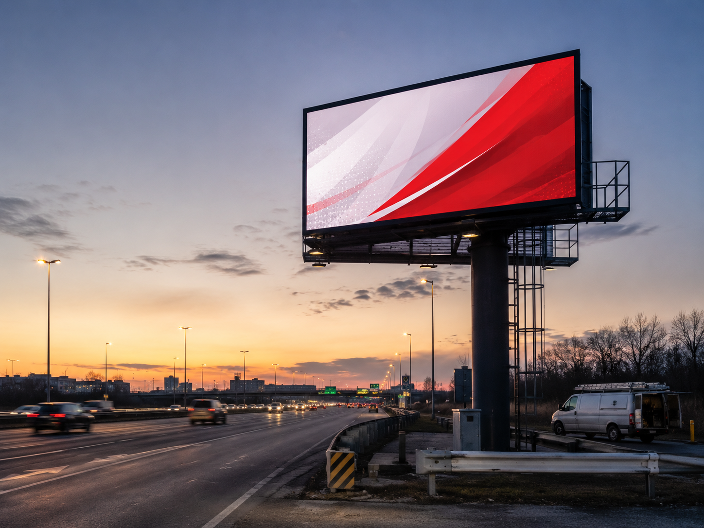 Freestanding roadside LED billboard with support structure and local electrical cabinet