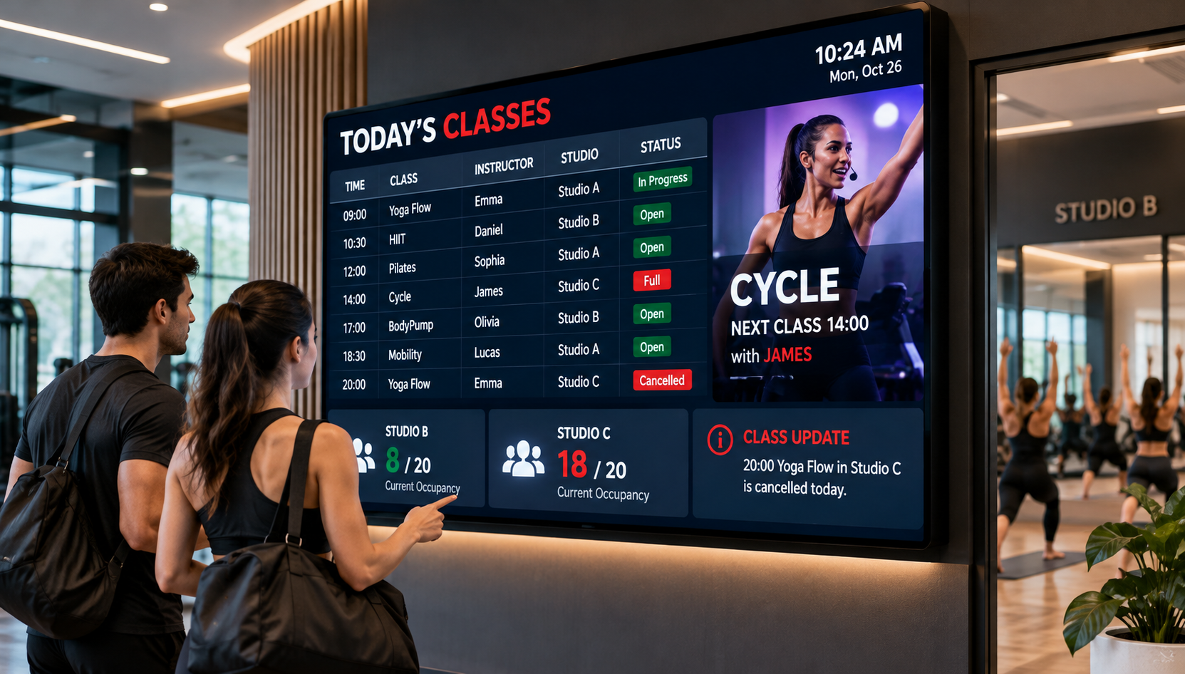 Fitness Club LED Screens: Class Timetables, Studio Occupancy and Instructor-Led Content