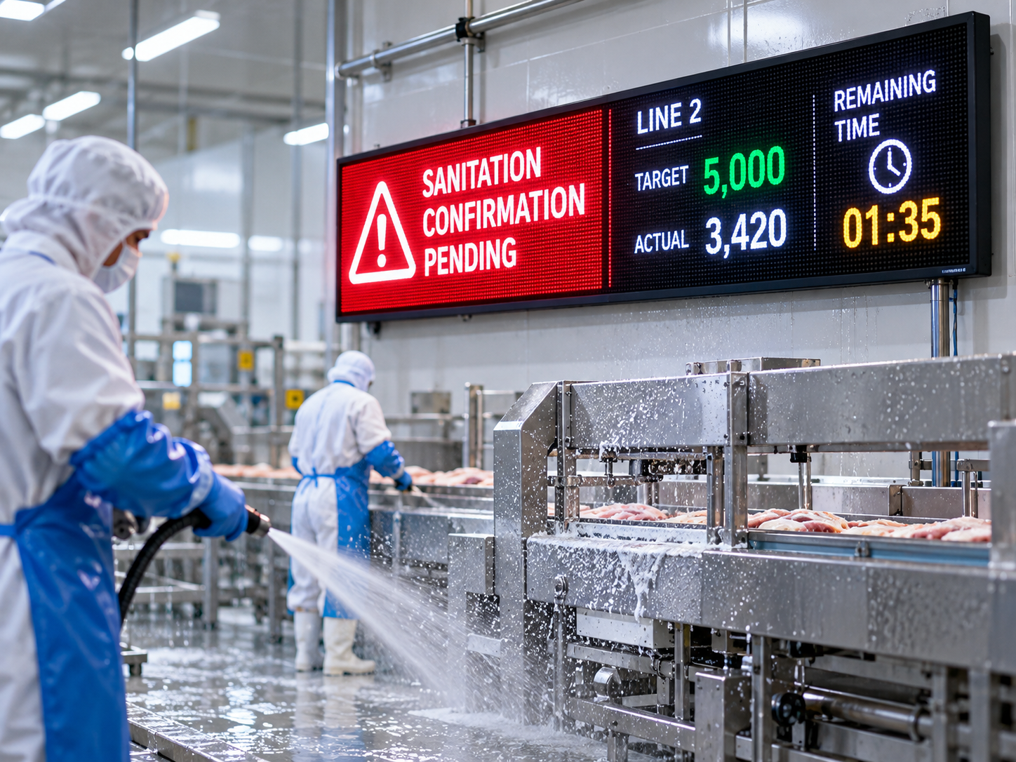 Food Processing Line LED Boards: Washdown Zones, Shift Targets and Hygiene Alerts