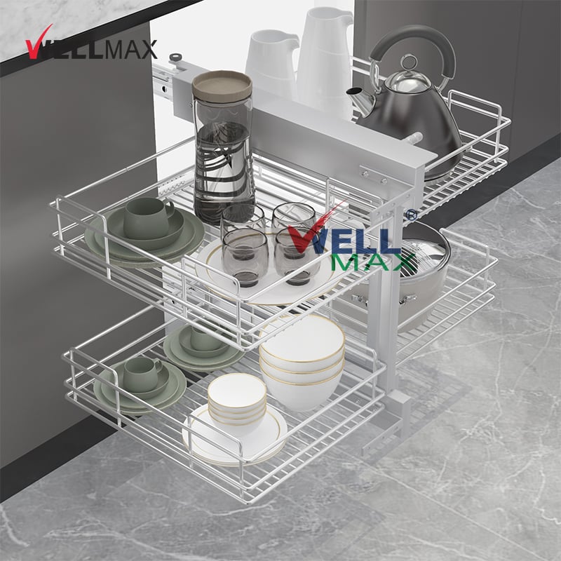WELLMAX Modern Kitchen Storage Cabinet Accessories Pull Out Metal Drawer Basket Rotating Blind Magic Corner