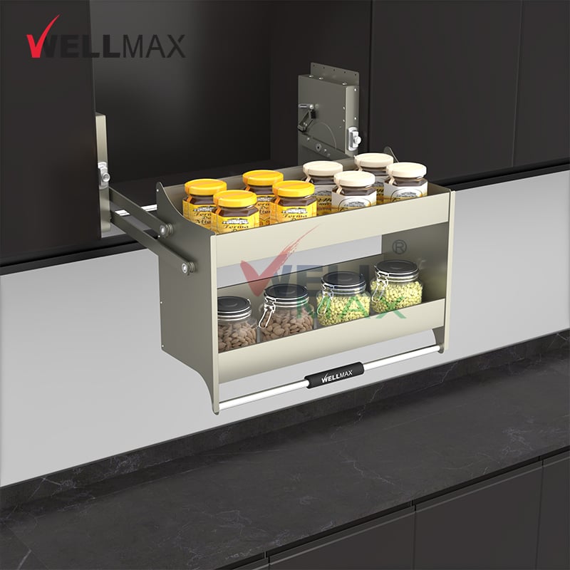 WELLMAX Pull Down Kitchen Cabinet Elevator Shelf Organizer Automatic Basket Lift Rack