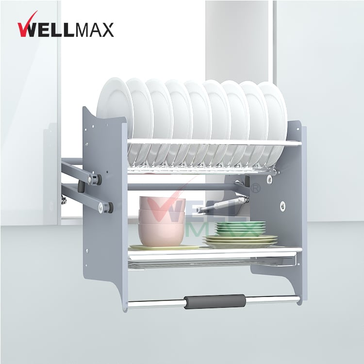 WELLMAX Kitchen Cabinet Accessory Pull Down Basket Heavy Duty Wall Cabinet Storage Organizer Lift Shelf
