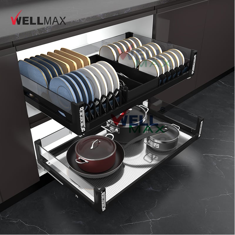 WELLMAX Kitchen Cabinet Multifunctional Plates Bowls Organizer Pull Out Drawer Basket Dish Storage Rack