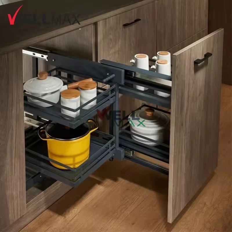 WELLMAX Manufacturers 2 Tier Kitchen Cabinet Corner Magic Corner Pull Out Basket Blind Organizer