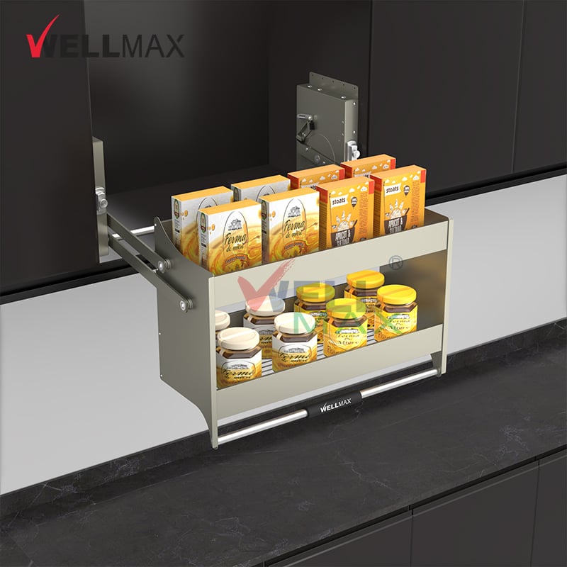 WELLMAX Kitchen Cabinet Stainless Steel Pull Out Storage Organizer Basket Collector Double Pull Down Shelf