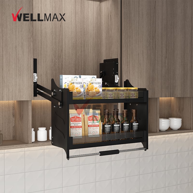 WELLMAX Furniture Hardware Accessories Kitchen Cabinet Organizer Glass Lift Shelf Storage Pull Down Elevator Basket