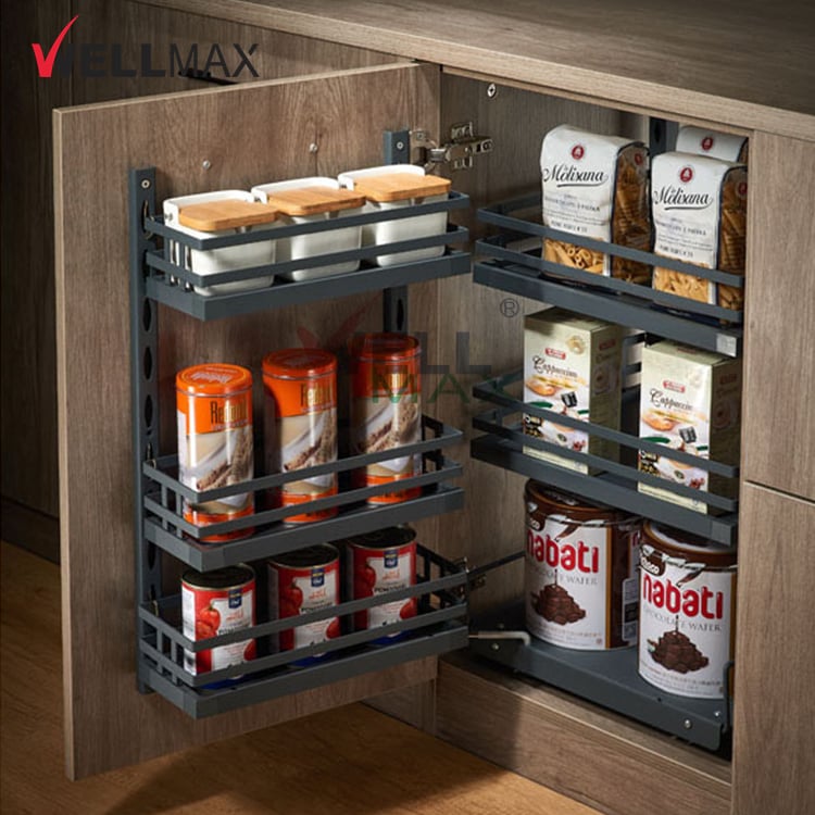 WELLMAX Magic Corner For Kitchen Cabinet Organizers 3-Layer Iron Pull Out Blind Shelf Drawer Basket