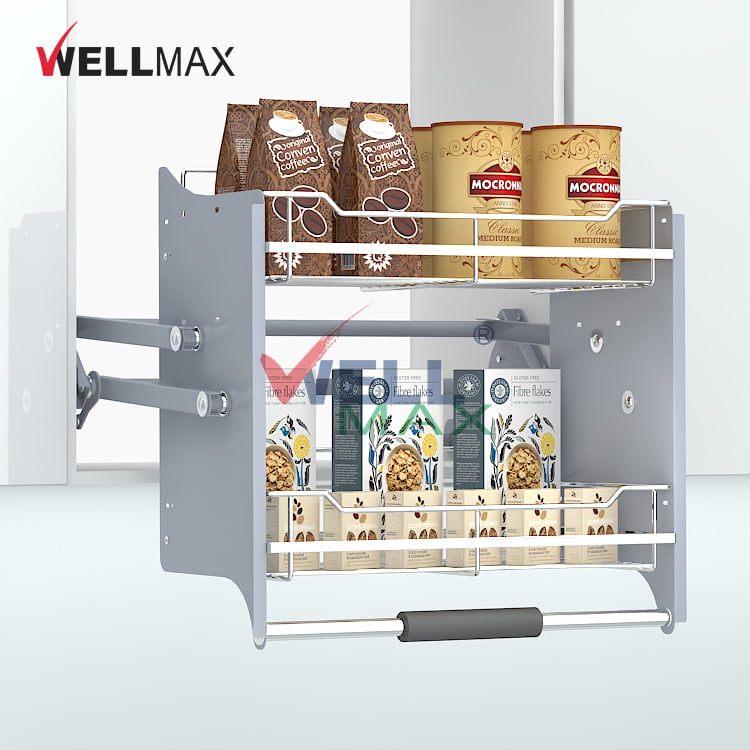 WELLMAX Pull Down Shelf Cabinet Accessory Kitchen Elevator Lift Basket For Food Storage Plate Dish Rack 