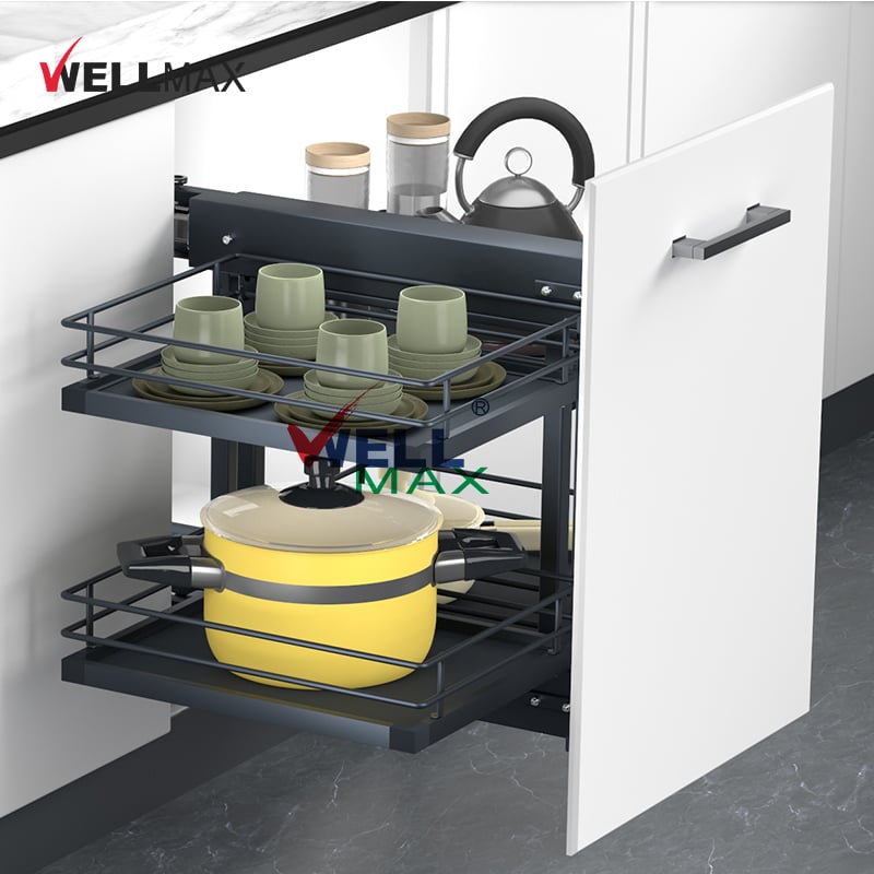 WELLMAX Furniture Hardware Modern Kitchen Storage Metal Drawer Basket Blind Basket Magic Corner Pull Out Organizer