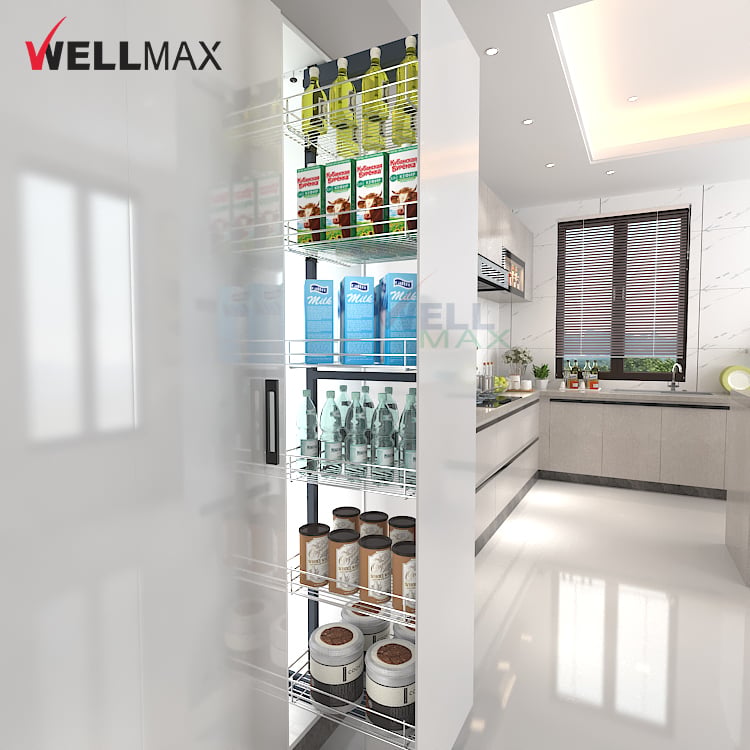 WELLMAX 6 Layers Tall Larder Drawer Basket Iron Storage Organizer Kitchen Cabinet Pull Out Pantry Unit 