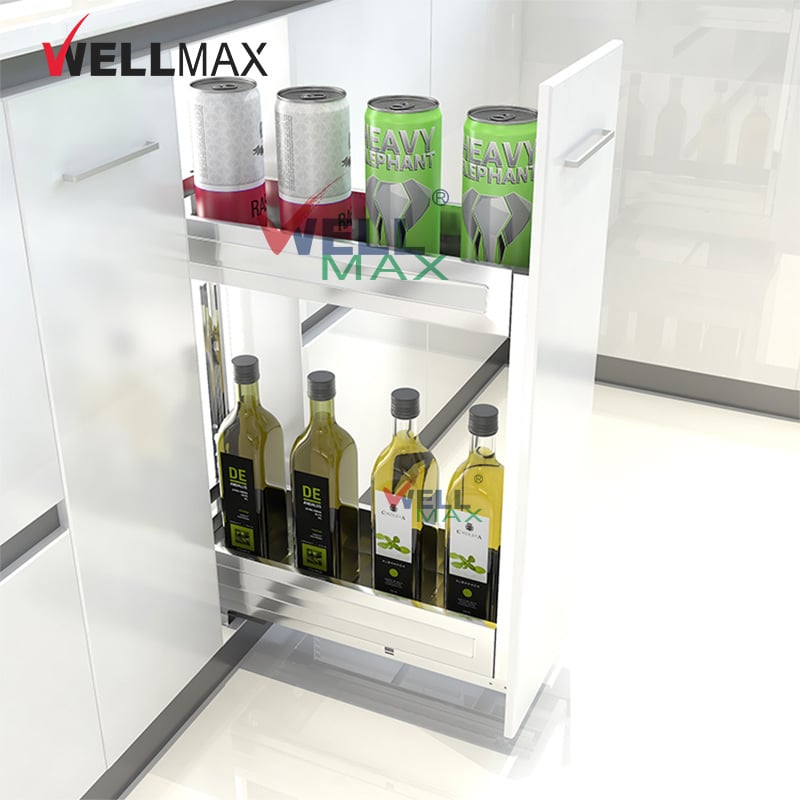 WELLMAX Pull Out Drawer Basket Kitchen Cabinet Stainless Steel Spice Bottle Storage Rack
