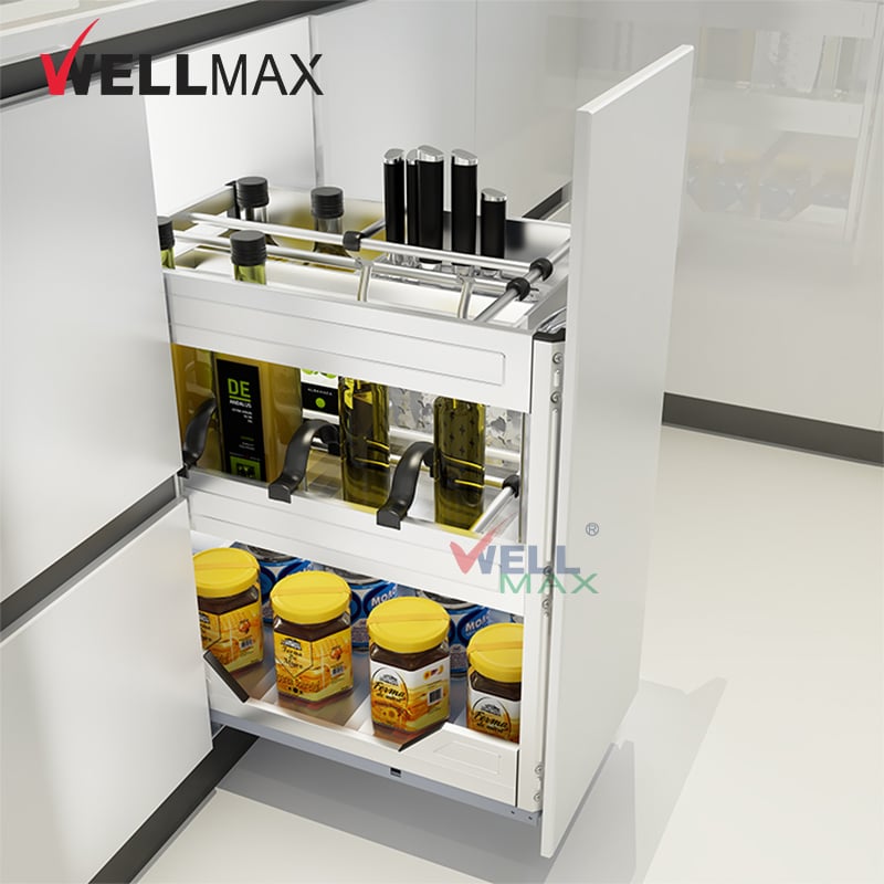 WELLMAX Pull Out Drawer Basket Kitchen Cabinet Accessories Stainless Steel Sliding Spice Bottle Storage Rack