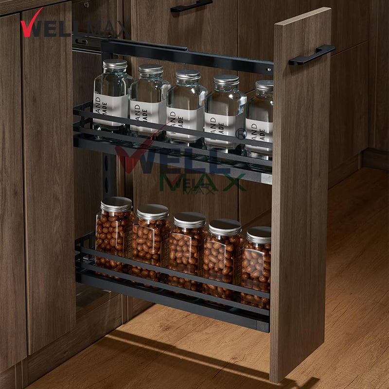 WELLMAX Sliding Spice Rack Magic Corner Side Mount Drawer Pantry Organizer Pull Out Storage Basket