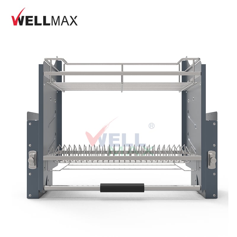 WELLMAX Pull Down Kitchen Cabinet Shelves Bowl Dish Rack Lifting Elevator Wire Baskets
