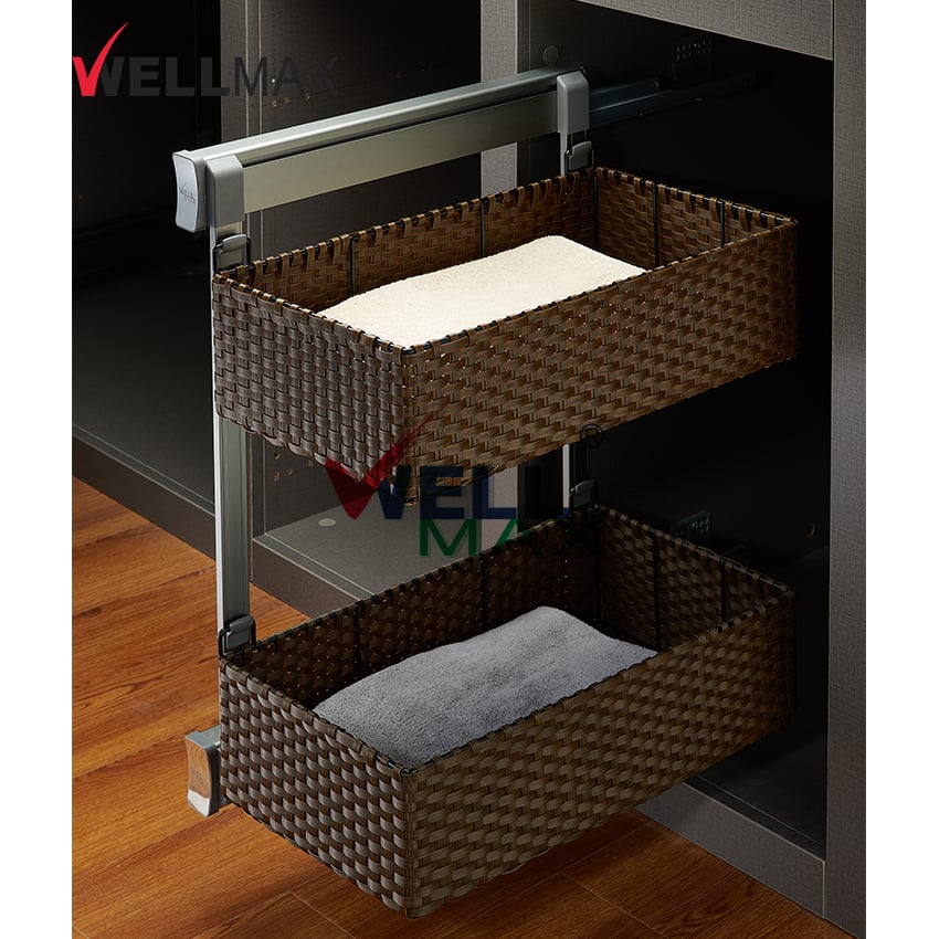 WELLMAX 2 Layers Pull Out Storage Organizer Wardrobe Rack Closet Rattan Side Basket