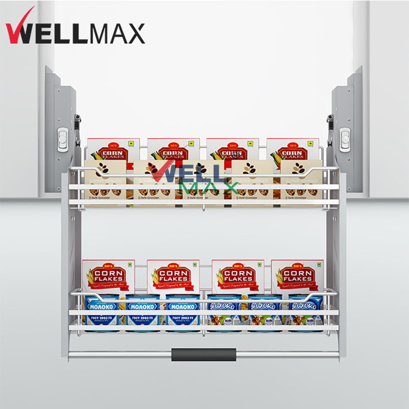 WELLMAX Pull Down Kitchen Cabinet Elevator Shelf Storage Organizer Basket Lift