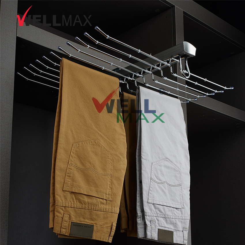 WELLMAX Wardrobe Hardware Trousers Organizer Double Row Pull Out Top Mounted Pants Rack Hanger for Clothing