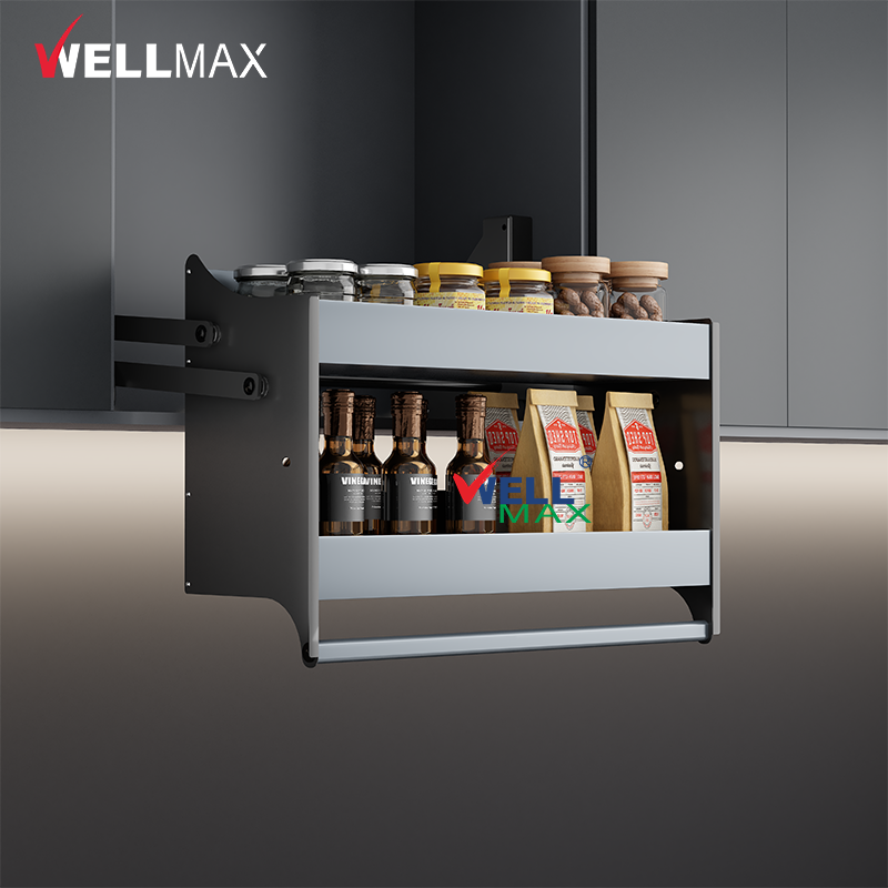 WELLMAX Adjustable Elevator Disk Rack Basket Small Kitchens Hanging Cabinet Organizer Pulldown Storage Basket