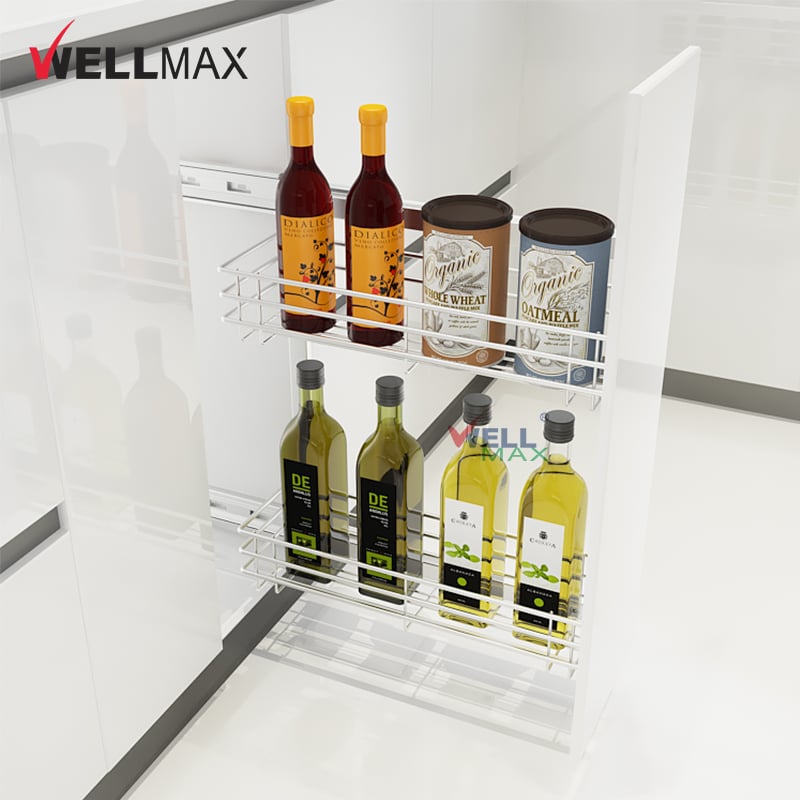WELLMAX Side Mount Pull Out Drawer Basket Kitchen Accessories Wire Sauce Spice Bottle Storage Rack