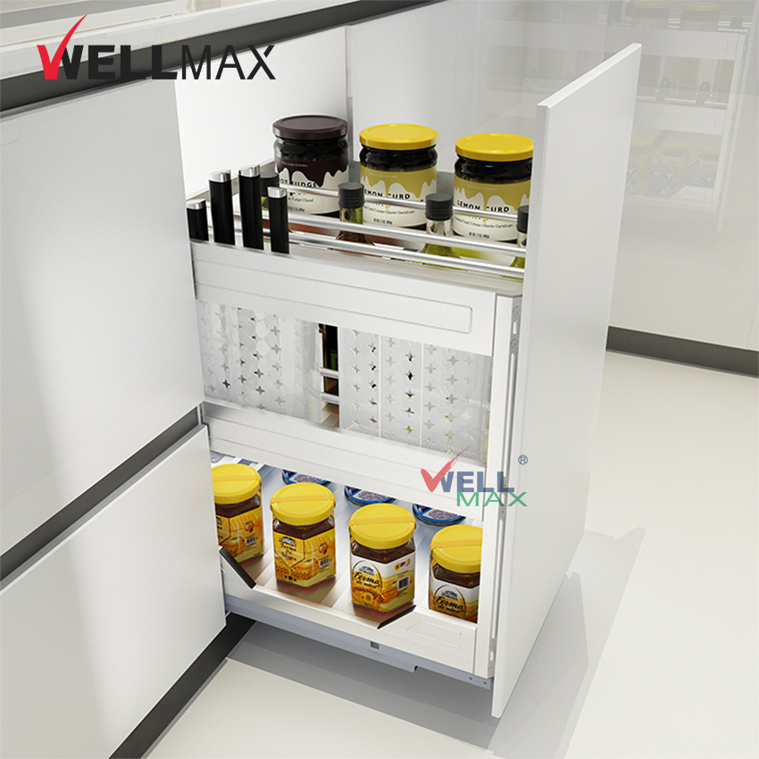 WELLMAX Pull Out Spice Bottle Storage Rack Kitchen Cabinet Fittings Stainless Steel Basket