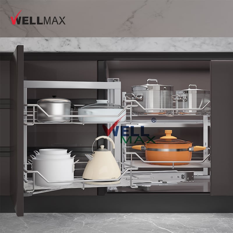 WELLMAX 2 Tier 4 Shelf Chrome Blind Corner Soft Close Hidden Corner Kitchen Base Cabinet Magic Corner Pull Out Organizer