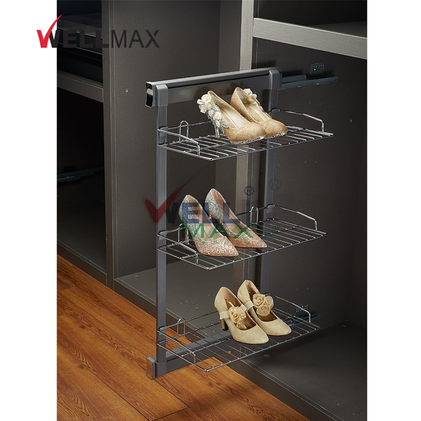 WELLMAX 3 Tiers Pull Out Cabinet Wire Shoes Rack Shelves Side Mounted Shoes Organizers Storage