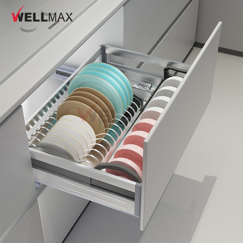 WELLMAX Kitchen Cabinet Storage Organizer Pull Out Drawer Basket For Plates Bowls Utensils