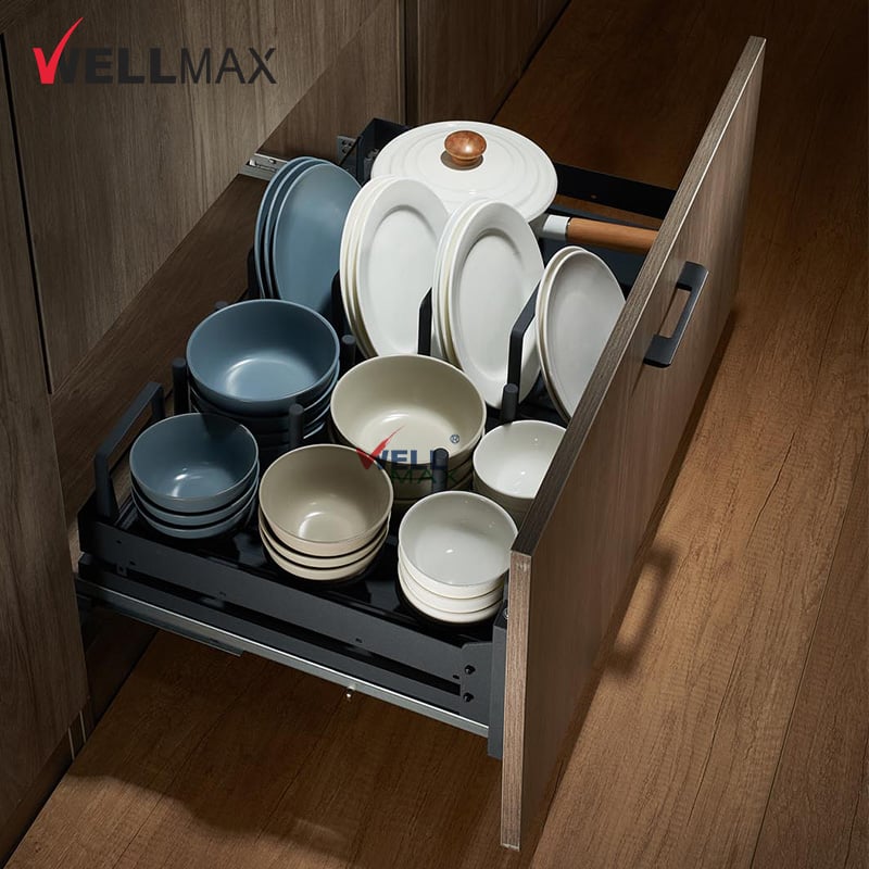 WELLMAX Drawers Basket For Kitchen Cabinet Pull Out Storage Basket With Soft Closing For Plates Bowls Forks