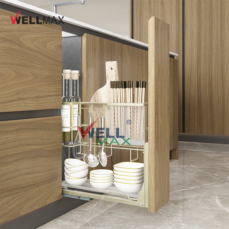 WELLMAX Pull Out Spice Rack For Cabinet Heavy Duty Seasoning Kitchen Cabinet Drawer Basket Organizer