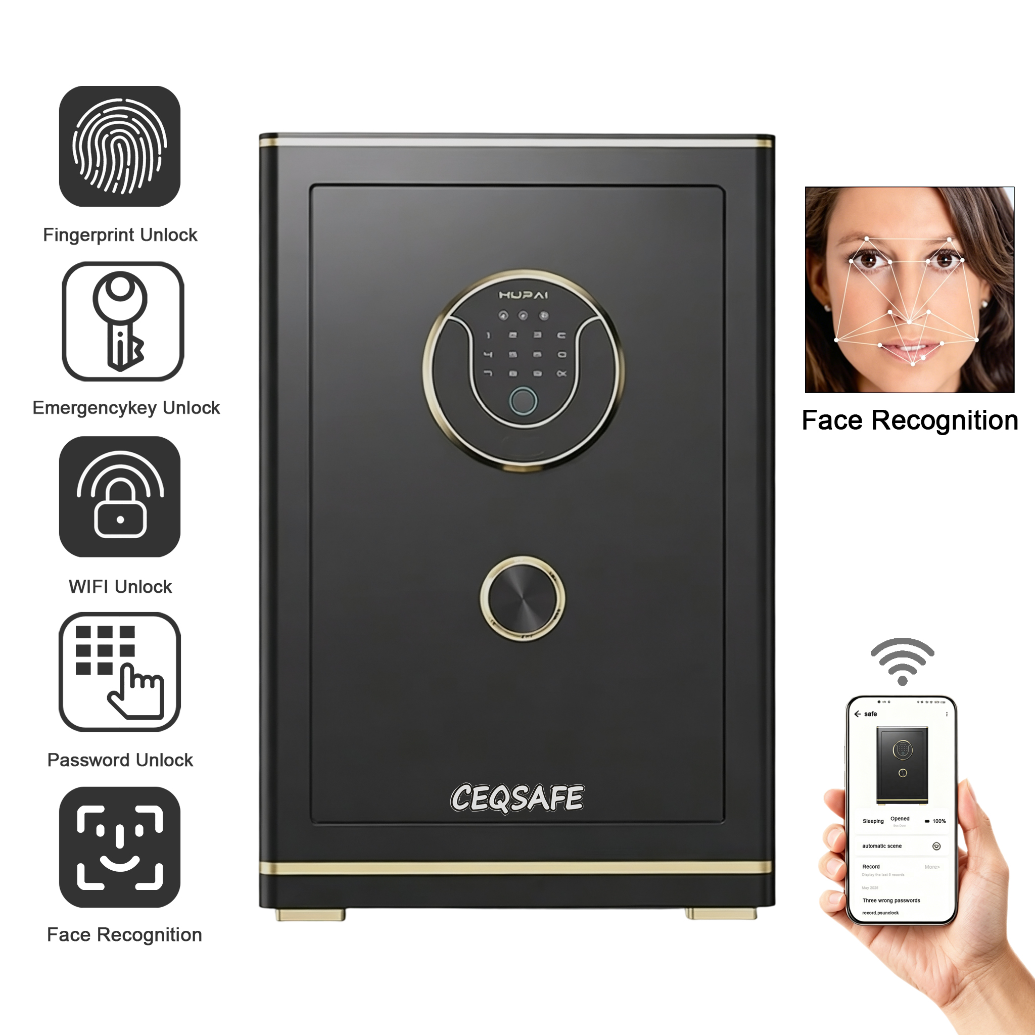 TG-700 CEQSAFE Face Recognition Black Fingerprint Password Home Office Intelligent Safe Box Anti-theft Storage Cabinet