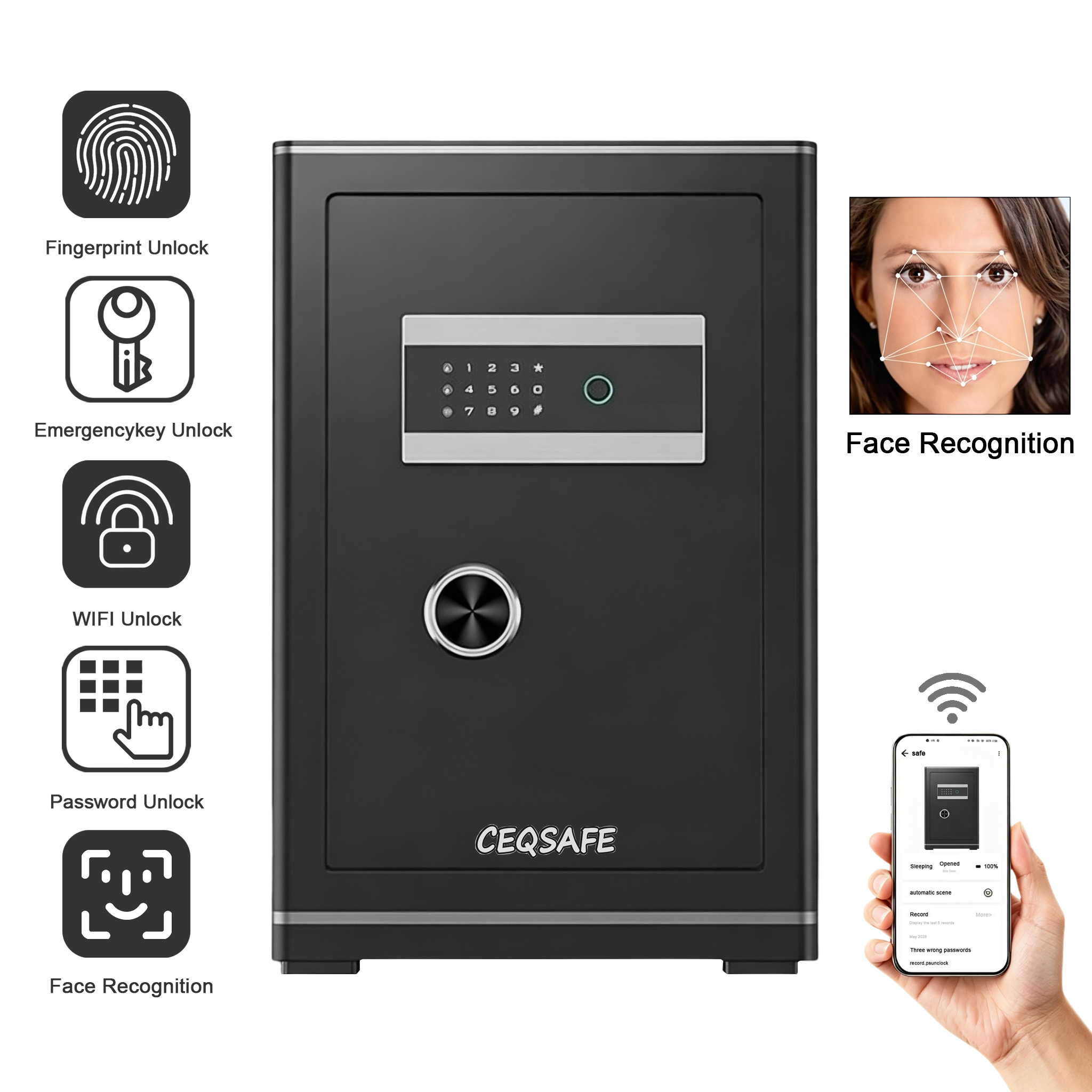 F-700 CEQSAFE Home Fingerprint Electronic Digital Lock Deposit Box Wholesale Safe Access with Face Recognition TUYA APP Safe Box