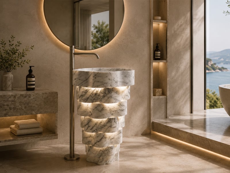 Flower Carrara White Marble Pedestal Sink