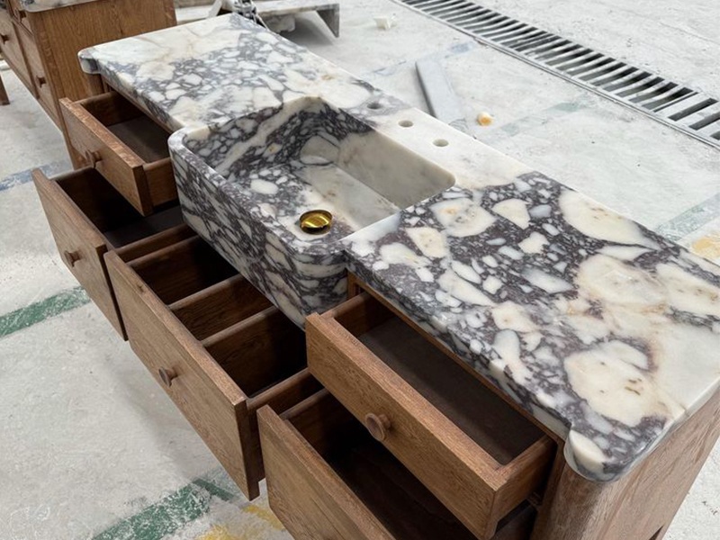 Natural Calacatta Viola Marble Bathroom Vanity Countertop with Wooden Cabinet