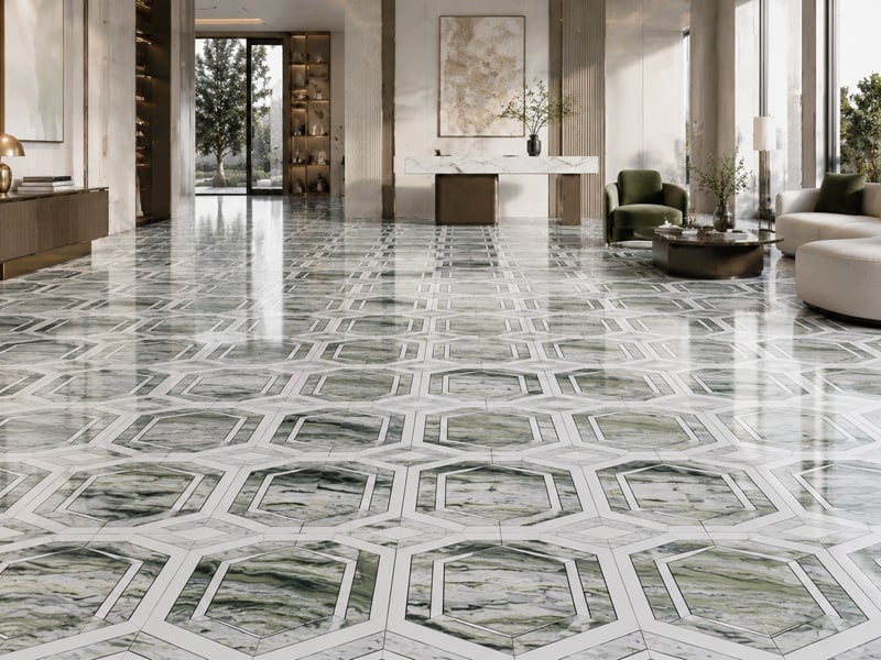 Green Marble and Crystal White Hexagonal Waterjet Mosaic Tile