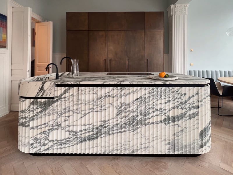Arabescato Marble Fluted Surface Kitchen Island