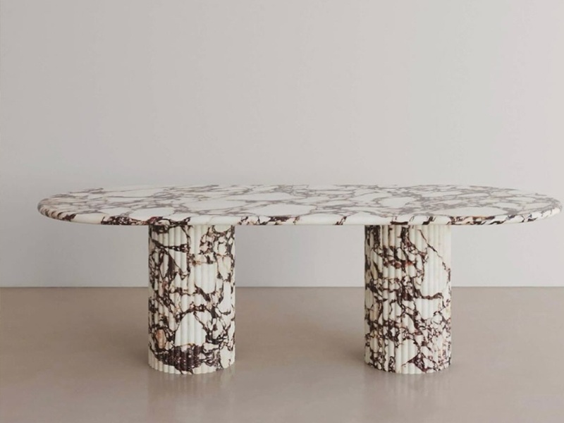 Calacatta Viola Marble Dining Table with Fluted Round Marble Legs