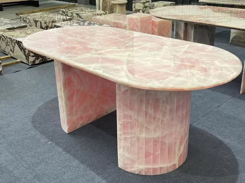 Custom Pink Crystal Onyx Oval Dining Table