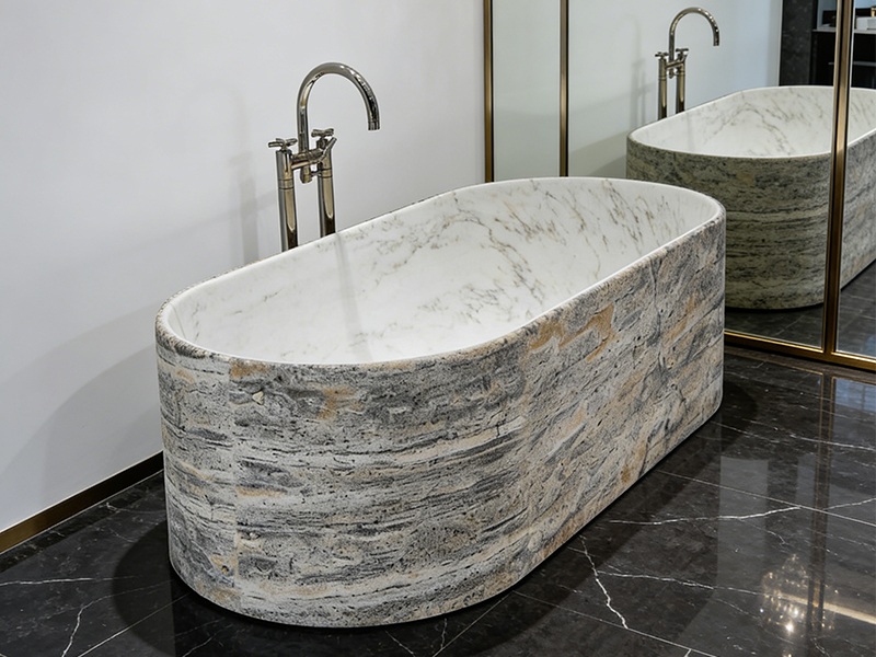 Carrara Marble and Travertino Silver Freestanding Bathtub