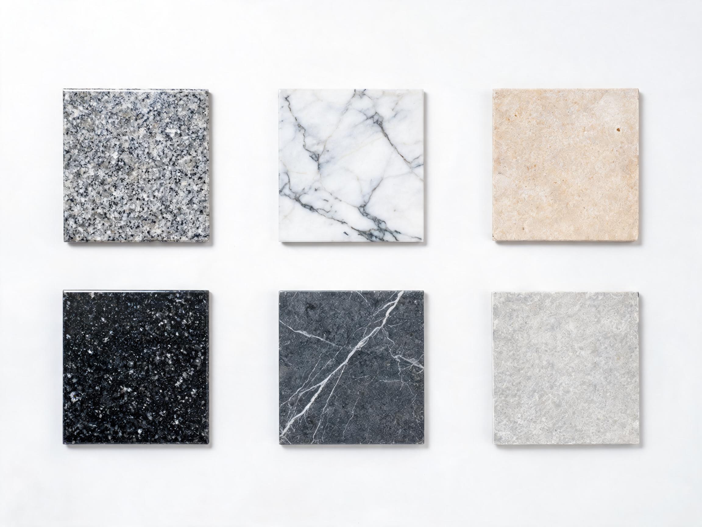 Natural stone tile samples including granite marble and limestone arranged for comparison and visual range approval