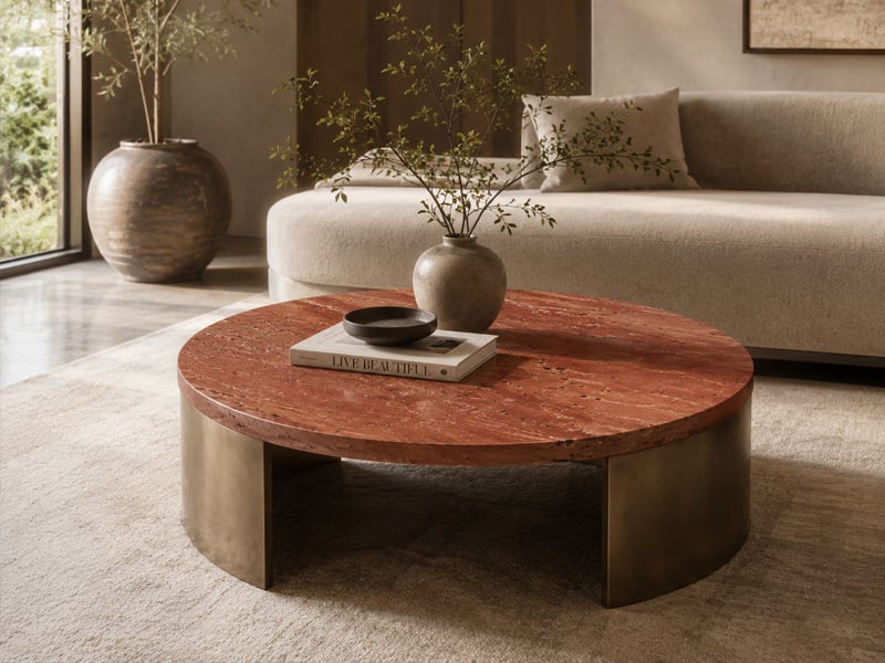 Red Travertine Round Coffee Table Top